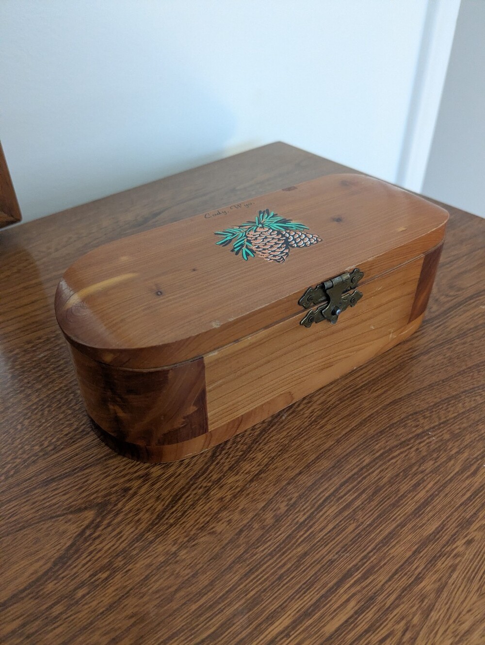 Vintage Mid-century Solid Cedar Oblong Hinged Box. Cute Pinecone Motif.